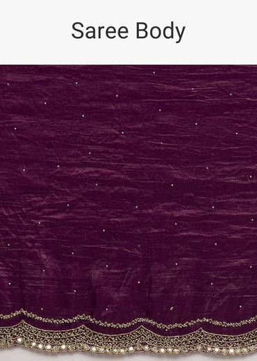 Wine Crushed Tissue Silk Cutdana Scallop Bordered Saree