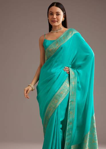 Cyan Dola Silk Saree With Zari Woven Border And Pallu