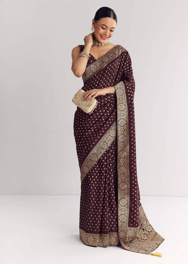 Dark Brown Dola Silk Saree With Floral And Butti Work