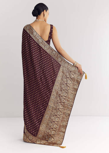 Dark Brown Dola Silk Saree With Floral And Butti Work