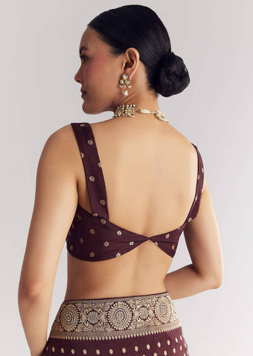 Dark Brown Dola Silk Saree With Floral And Butti Work