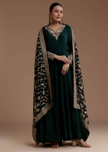 Dark Green Anarkali Set with Sequin Work