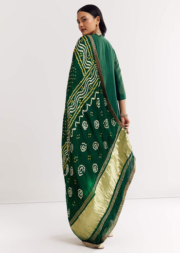 Dark Green Angrakha Kurta Set With Bandhani Dupatta