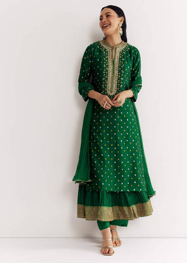Dark Green Bandhani Kurta Set With Dupatta