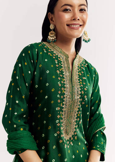Dark Green Bandhani Kurta Set With Dupatta