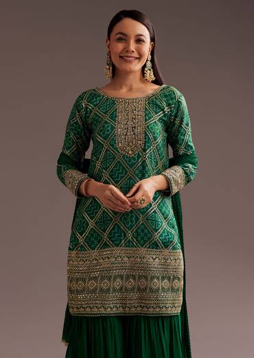 Dark Green Bandhani Zardosi Kurta Sharara Dupatta Set
