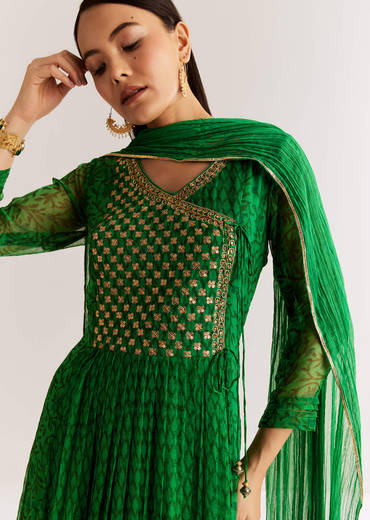 Dark Green Chiffon Angrakha Anarkali With Floral And Sequin Yoke
