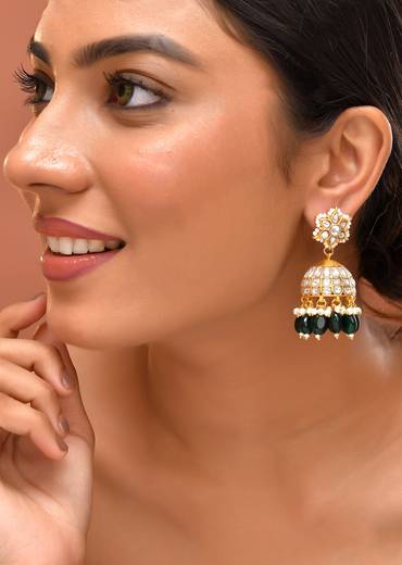 Earrings In Dark Green With Pachi Kundan