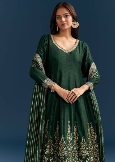 Dark Green Jacquard Silk Anarkali Suit With Festive Dupatta