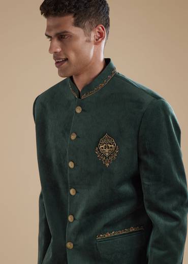 Dark Green Mens Jodhpuris with Metal Thread Resham Detail Work