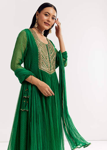 Dark Green Printed Chiffon Sequin Kurta Set With Dupatta