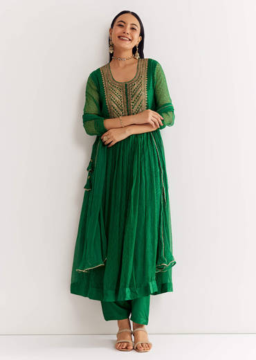 Dark Green Printed Chiffon Sequin Kurta Set With Dupatta