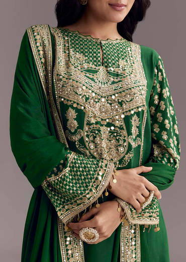 Dark Green Printed Crepe Palazzo Set With Keyhole Neckline