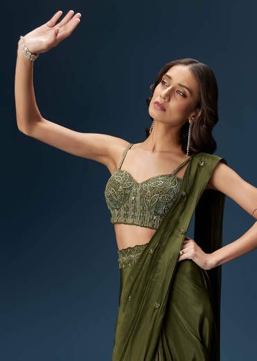 Dark Green Ready Pleated Saree With Corset Blouse