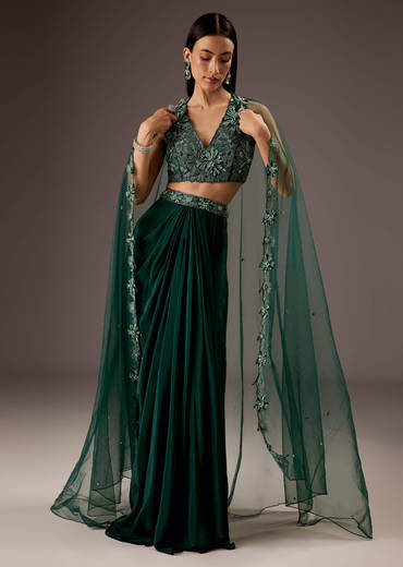 Dark Green Silk Crop Top Skirt With Heavy Embroidery