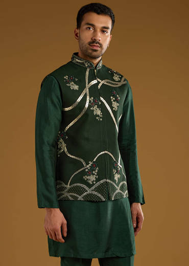 Dark Green Silk Kurta Jacket Set For Men With Gota Work