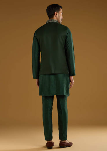 Dark Green Silk Kurta Jacket Set For Men With Gota Work