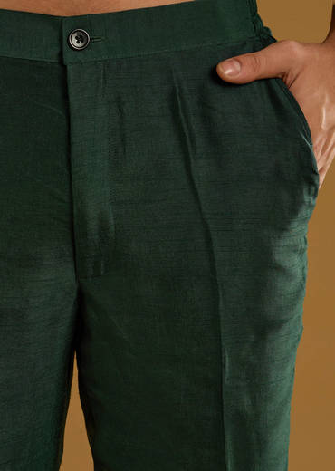 Dark Green Silk Kurta Jacket Set For Men With Gota Work