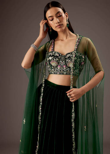 Dark Green Velvet Crop Top Skirt With Heavy Embroidery