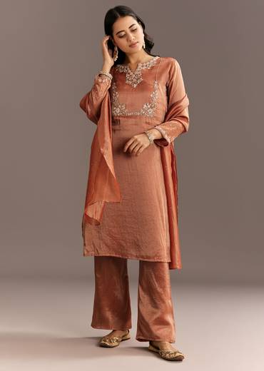 Dark Peach Organza Tissue Kurta Pant With Embroidered Dupatta
