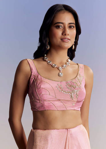 Dark Peach Tissue Saree With Gota Patti Embroidery