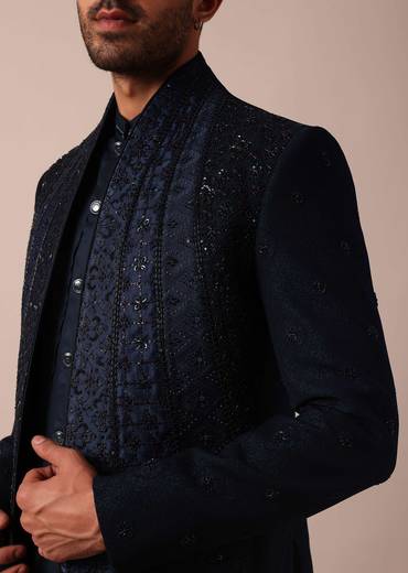 Dashing Blue Jacquard Indowestern For Men