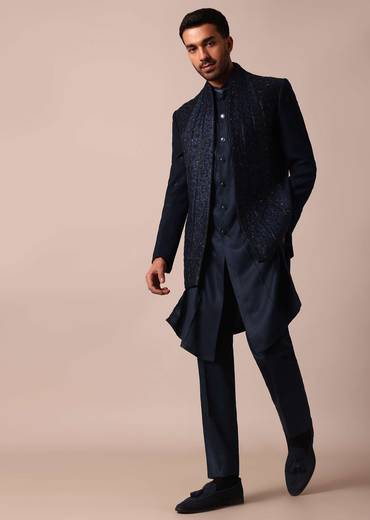 Dashing Blue Jacquard Indowestern For Men