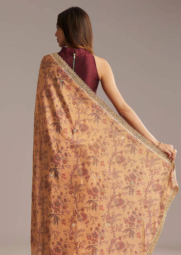 Dusky Orange Jacquard Saree With Mirror And Sequin Embroidery