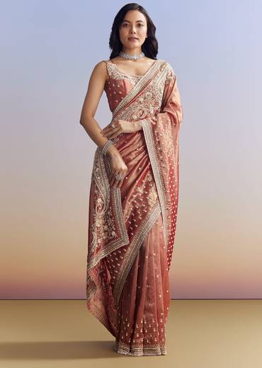 Dusky Orange Tissue Saree With Dense Embroidery