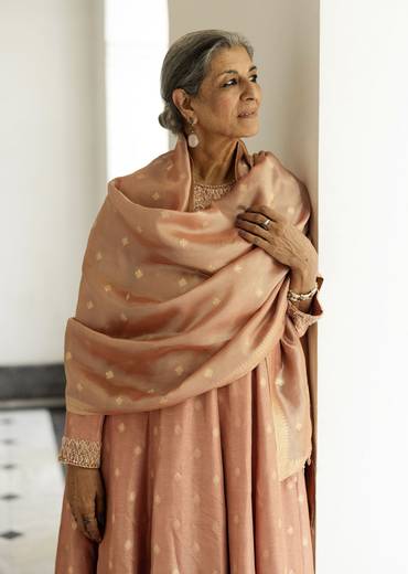 Dusty peach embroidered anarkali paired with pant and dupatta.