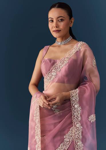 Dusty Pink Embroidered Saree with Blouse Fabric