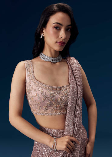 Dusty Pink Ready Pleated Sequin Saree with Blouse