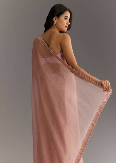 Dusty Rose Cutdana And Stone Embroidered Tissue Saree