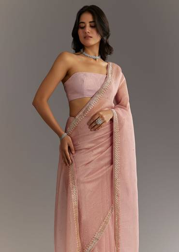 Dusty Rose Cutdana And Stone Embroidered Tissue Saree