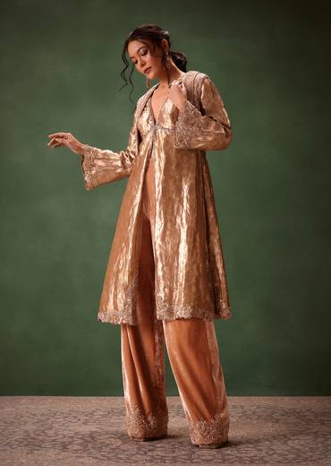 Dusty Brown Brocade Anarkali Style Kurti With Crop Jacket And Straight Flared Pant
