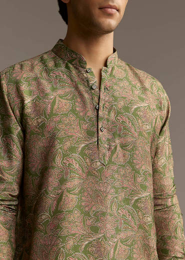 Eathy Brown Silk Designer Kurta For Men With Subtle Floral Vine Print