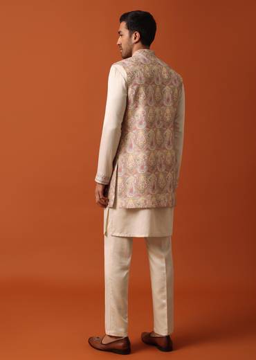 Elegant Beige Exquisite Embroidered Jacket Kurta Set