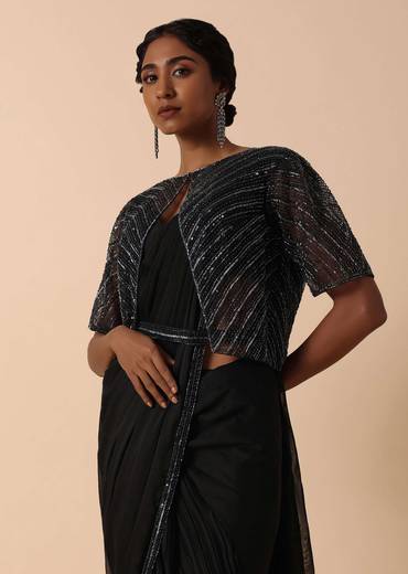 Elegant Pre Stitched Black Georgette Saree Set