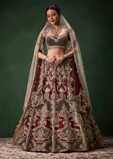 Embroidered Bridal Lehenga Set with Two Dupattas
