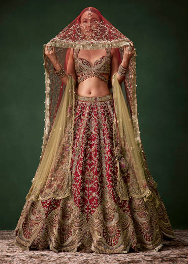 Embroidered Raw Silk Bridal Lehenga Set with Two Dupattas
