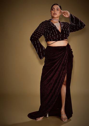 Embroidered Wine Velvet Blazer Blouse With Tassels And Draped Skirt