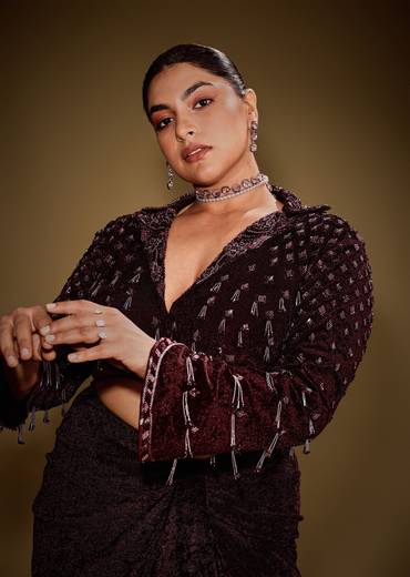 Embroidered Wine Velvet Blazer Blouse With Tassels And Draped Skirt