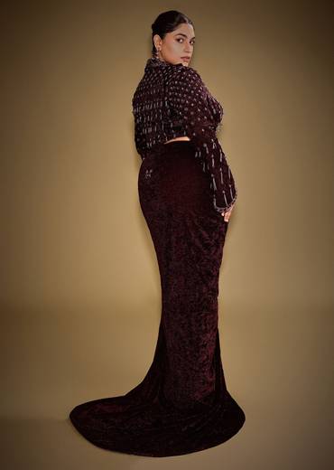 Embroidered Wine Velvet Blazer Blouse With Tassels And Draped Skirt