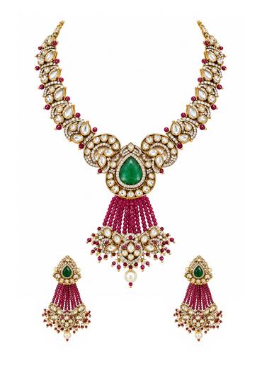 Emerald And Ruby Stone Studded Polki Necklace Set