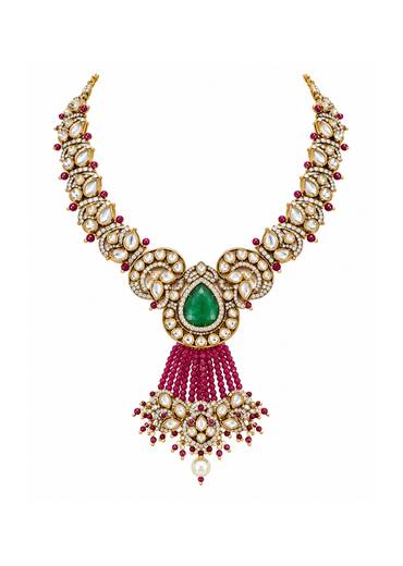 Emerald And Ruby Stone Studded Polki Necklace Set