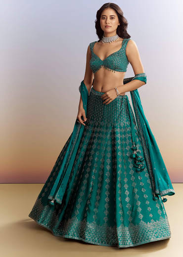 Emerald Green Satin Bridesmaid Lehenga With Stone Work