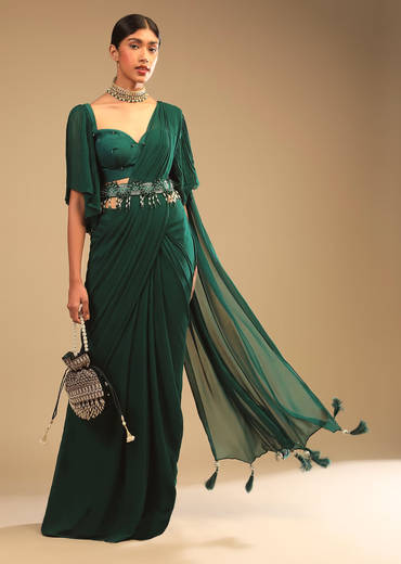 Emerald Green Ready To Wear Saree In Georgette With Bell Sleeves Crop Top And Chunky Embroidered Belt