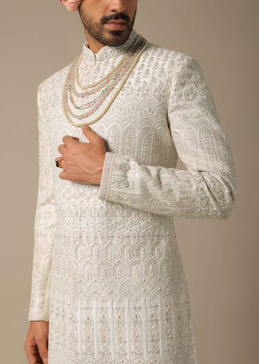 Exquisite White Silk Sherwani Set