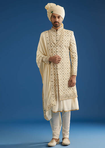 Faun Silk Groom Sherwani Set With Gota And Zardosi Work