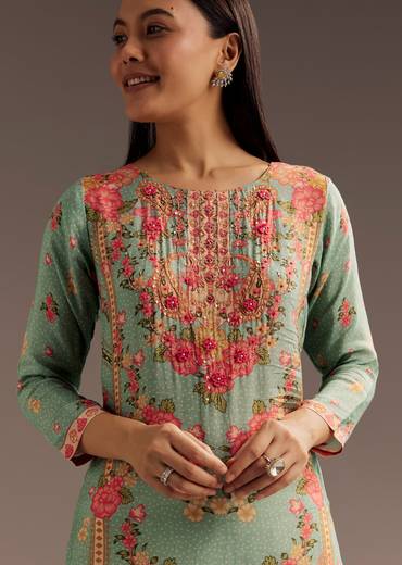 Floral Print Crepe Kurta With Cutdana Work